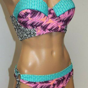 NWT Hula Honey Swimsuit Bikini Tank 2pc set Sz L Push up underwire Tie S…